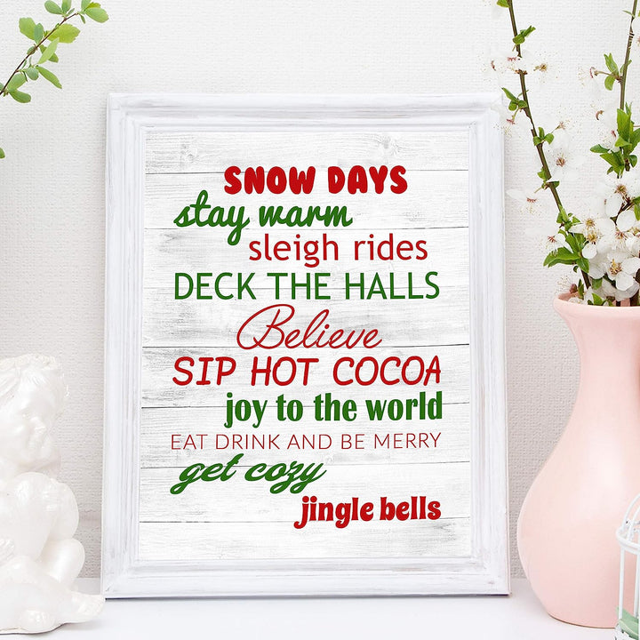 Snow Days-Sleigh Rides-Deck the Halls Rustic Holiday Sign-11 x 14" Festive Christmas Wall Art Print w/Replica Wood Design-Ready to Frame. Typographic Home-Farmhouse-Welcome Decor. Printed on Paper.