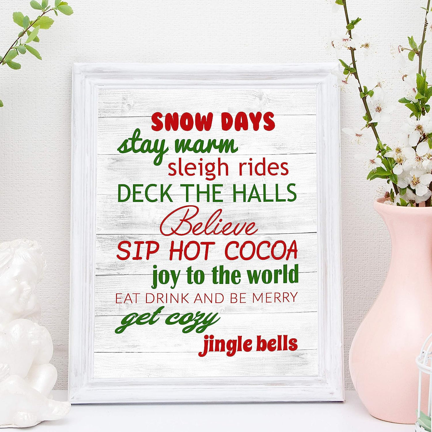 Snow Days-Sleigh Rides-Deck the Halls Rustic Holiday Sign-11 x 14" Festive Christmas Wall Art Print w/Replica Wood Design-Ready to Frame. Typographic Home-Farmhouse-Welcome Decor. Printed on Paper.