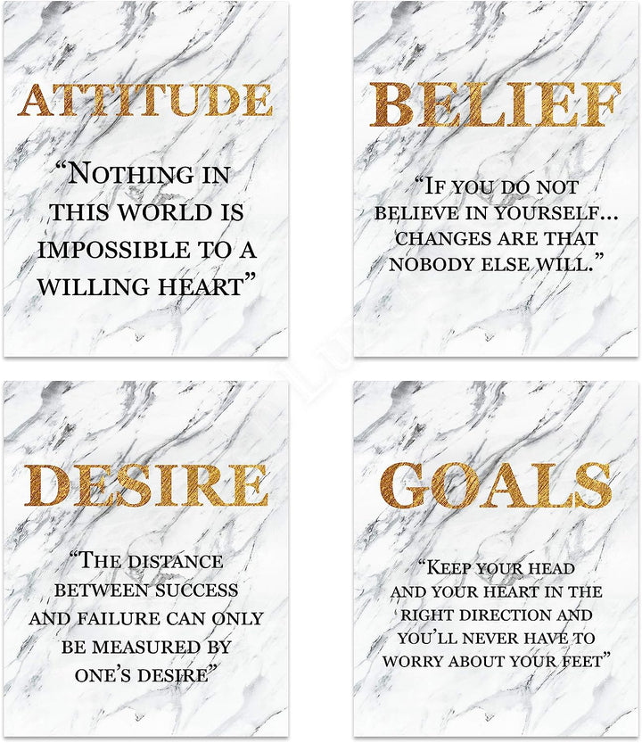 Success Traits &amp; Quotes Wall Art-4 Print Set-8 x 10"s Motivational Art Wall Prints-Ready to Frame. DESIRE-BELIEF-GOALS-ATTITUDE. Gold &amp; Granite Design-Home, Class &amp; Office D?cor. Grad-Executive Gift.