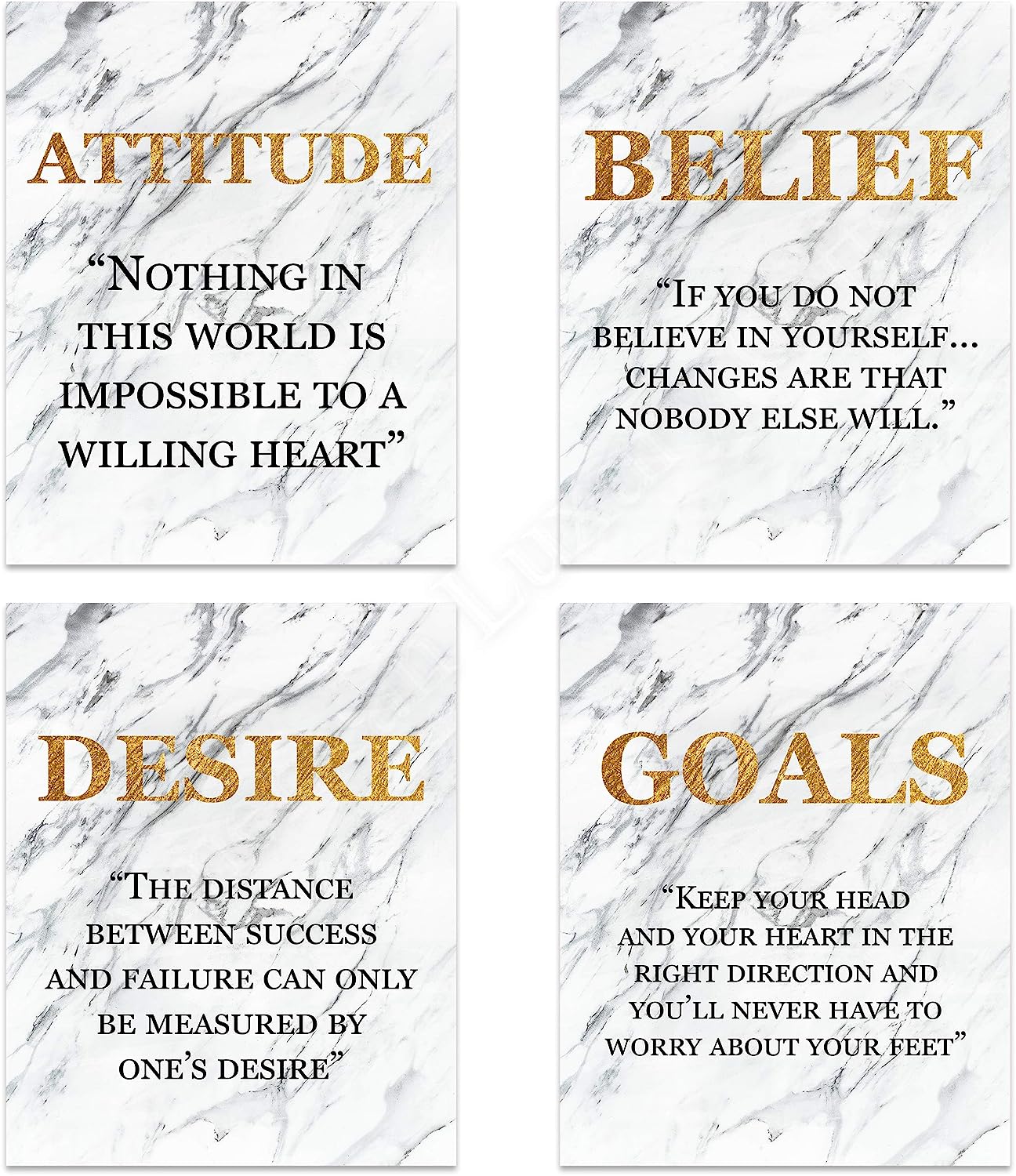 Success Traits & Quotes Wall Art-4 Print Set-8 x 10"s Motivational Art Wall Prints-Ready to Frame. DESIRE-BELIEF-GOALS-ATTITUDE. Gold & Granite Design-Home, Class & Office D?cor. Grad-Executive Gift.