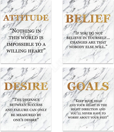 Success Traits & Quotes Wall Art-4 Print Set-8 x 10"s Motivational Art Wall Prints-Ready to Frame. DESIRE-BELIEF-GOALS-ATTITUDE. Gold & Granite Design-Home, Class & Office D?cor. Grad-Executive Gift.