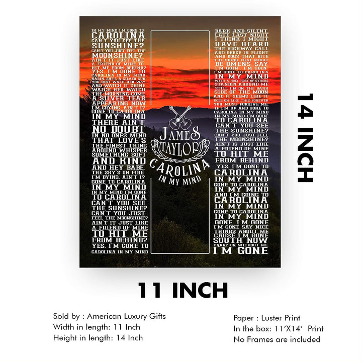 James Taylor-"Carolina In My Mind"-Greatest Hits Wall Sign-11 x 14" Song Art Poster Print-Ready to Frame. Classic Decor for Home-Studio-Bar-Dorm-Cave. Great Gift for All Folk Rock-Country Music Fans!