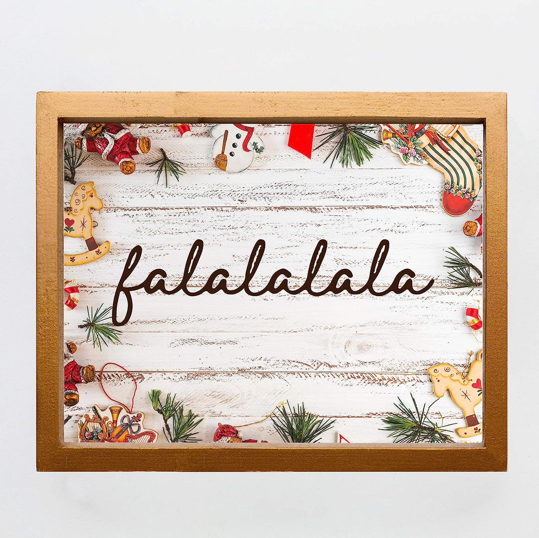 Fa-la-la-la-la Rustic Holiday Sign -14 x 11" Festive Christmas Wall Art Print w/Replica Wood Design-Ready to Frame. Typographic Home-Kitchen-Farmhouse-Welcome Decor. Great Gift! Printed on Paper.