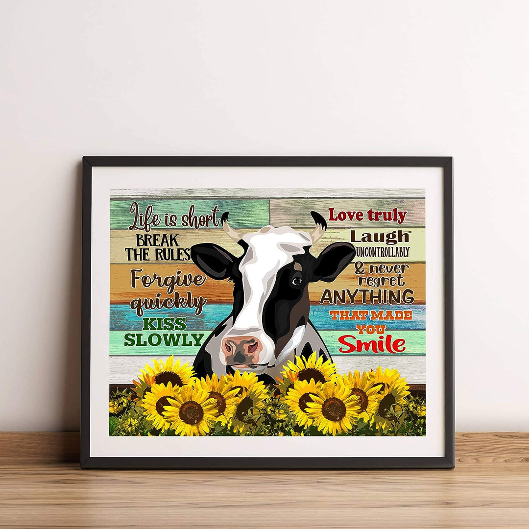 Life Is Short-Break the Rules-Inspirational Cow Wall Art-14 x 11" Rustic Farmhouse Print w/Wood Design &amp; Sunflower Images-Ready to Frame. Country Decor for Home-Dining Room. Printed on Photo Paper.