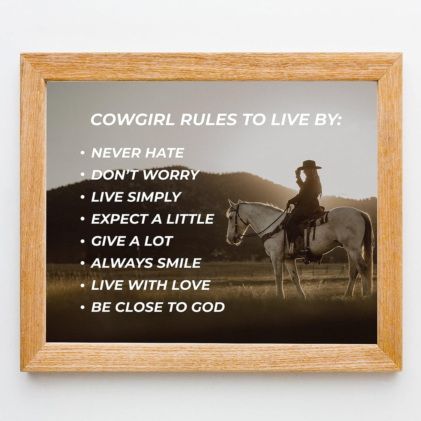 Cowgirl Rules to Live By- Western Wall Art Sign- 10 x 8"- Woman Riding Horse in Mountains Photo Print -Ready to Frame. Country Rustic Decor for Home-Lodge-Camp-Cabin. Great Gift for All Cowgirls!