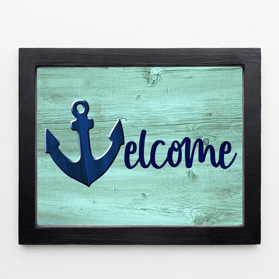 Welcome Rustic Beach Wall Sign -10 x 8" Ocean Themed Anchor Print w/Replica Wood Design-Ready to Frame. Fun Vacation Decor for Home-Cabin-Beach House. Great Nautical Gift! Printed on Photo Paper.