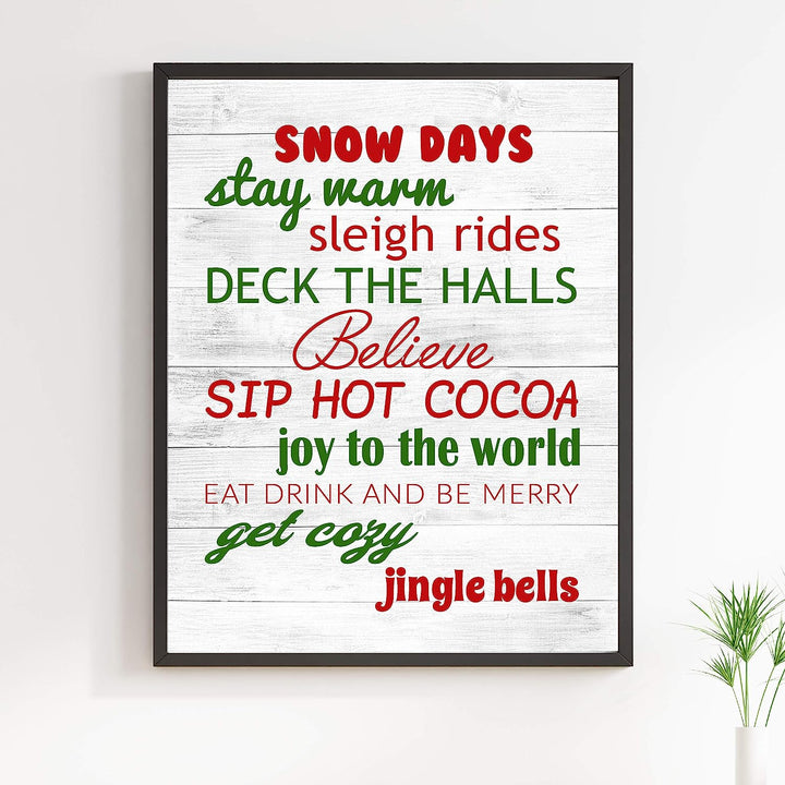 Snow Days-Sleigh Rides-Deck the Halls Rustic Holiday Sign-11 x 14" Festive Christmas Wall Art Print w/Replica Wood Design-Ready to Frame. Typographic Home-Farmhouse-Welcome Decor. Printed on Paper.