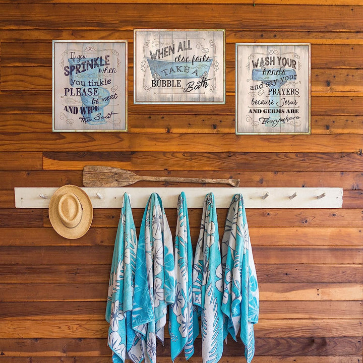 Bathroom"Humor" Funny Bathroom Decor Set (3) 8 x10"s Wall Decor. Rustic, Distressed Wall Prints-Ready To Frame."Tinkles, Prayers &amp; Bubbles"-Wood Sign Replicas. Fun Reminders For Kids-Guest Bath.