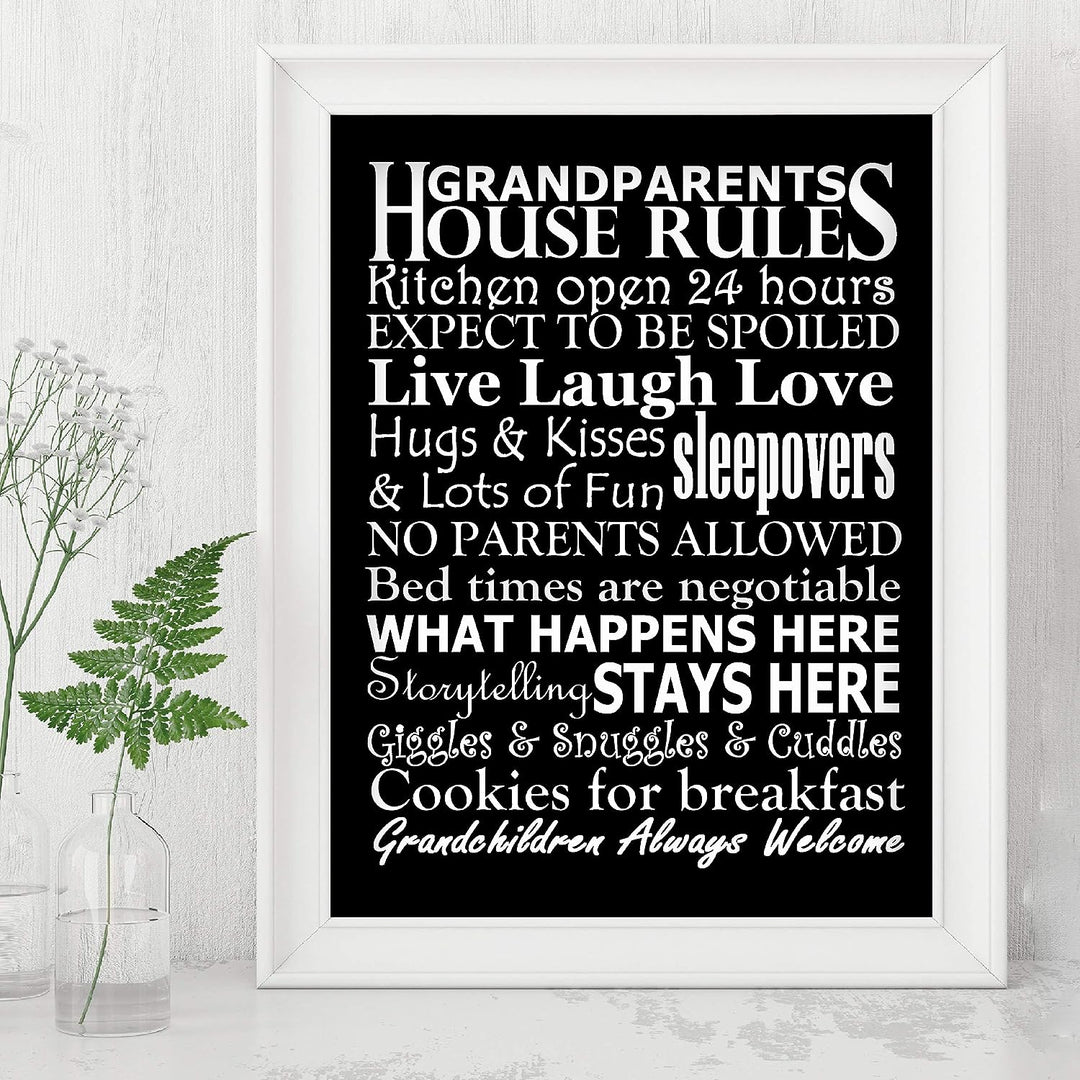 Grandparents-House Rules Family Wall Art -8 x 10" Funny Typographic Poster Print-Ready to Frame. Inspirational Home-Kitchen-Farmhouse Decor. Great Welcome Sign! Perfect Gift for Grandma &amp; Grandpa!