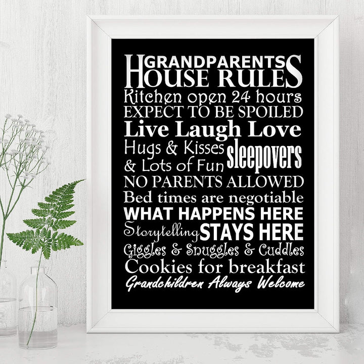 Grandparents-House Rules Family Wall Art -8 x 10" Funny Typographic Poster Print-Ready to Frame. Inspirational Home-Kitchen-Farmhouse Decor. Great Welcome Sign! Perfect Gift for Grandma &amp; Grandpa!