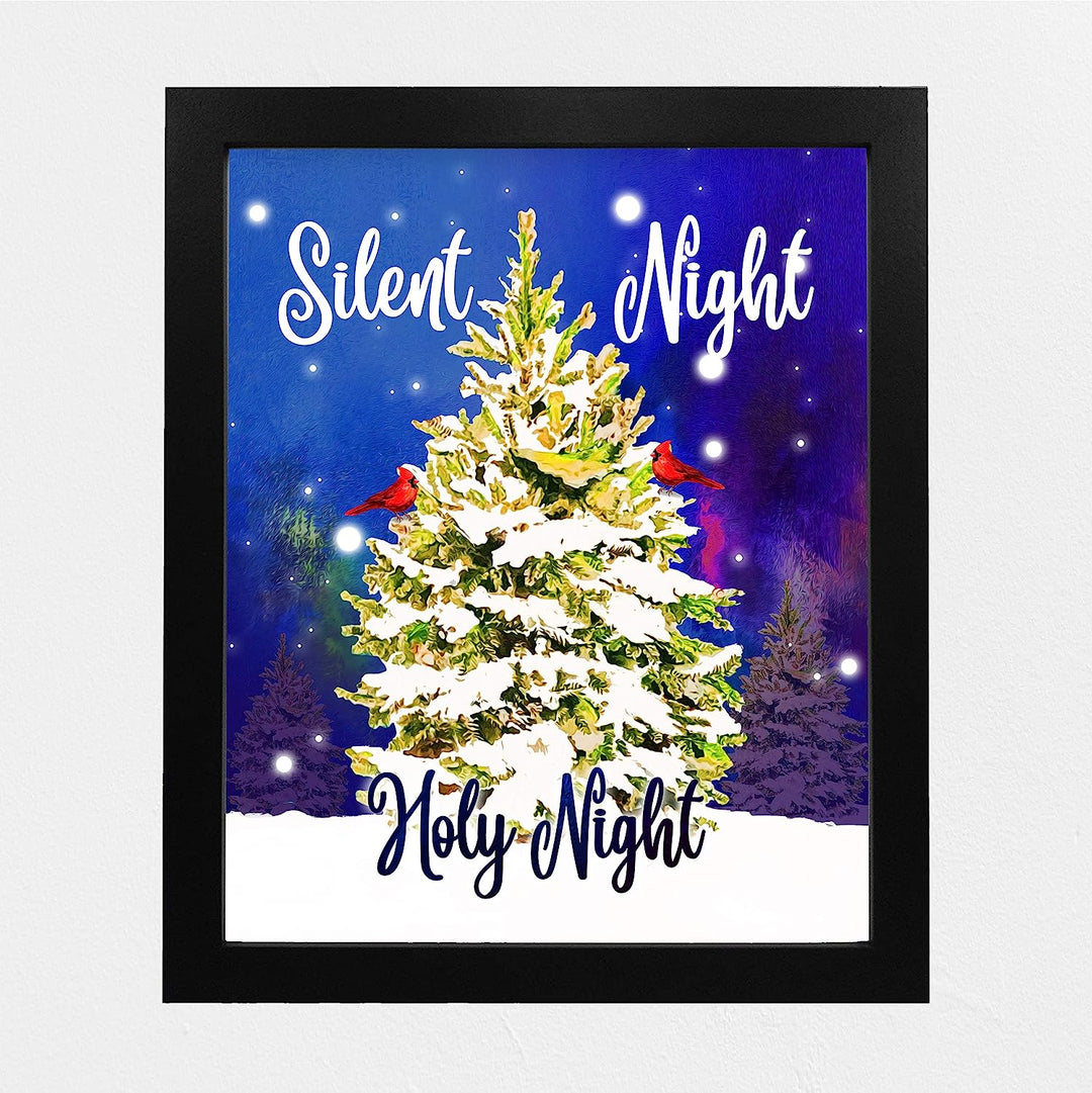 Silent Night-Holy Night Christmas Song Wall Art-8x10" Modern Holiday Music Print w/Cardinals in Tree-Ready to Frame. Home-Kitchen-Farmhouse-Winter Decor. Perfect Welcome Sign! Great Christian Gift!