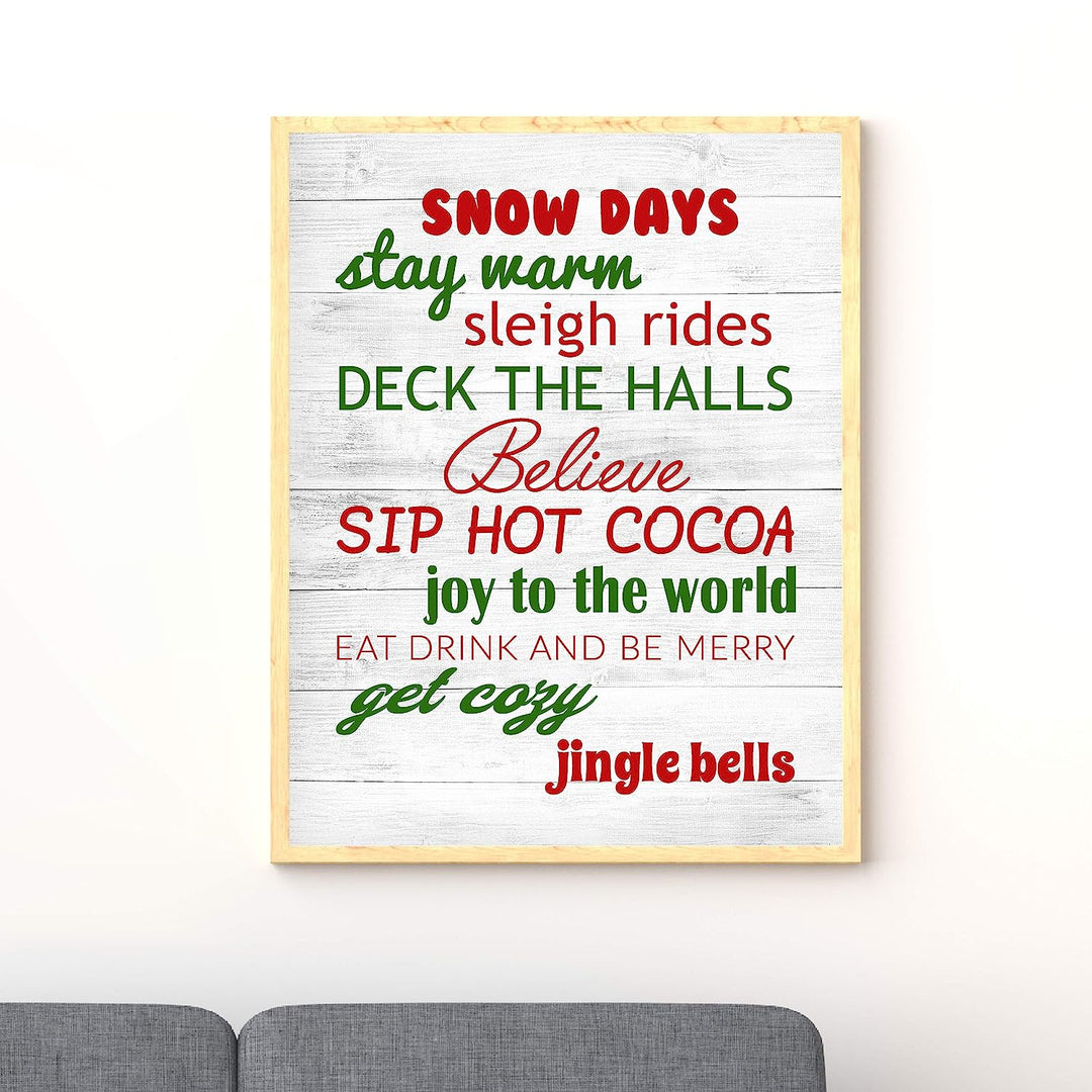 Snow Days-Sleigh Rides-Deck the Halls Rustic Holiday Sign-11 x 14" Festive Christmas Wall Art Print w/Replica Wood Design-Ready to Frame. Typographic Home-Farmhouse-Welcome Decor. Printed on Paper.