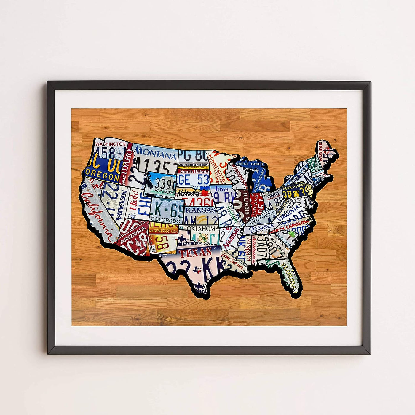 United States License Plates -American State Wall Art -14 x11" Rustic USA Travel Print w/Wood Design-Ready to Frame. Vintage Home-Office-Garage-Cave-Shop Decor. Great Gift! Printed on Photo Paper.