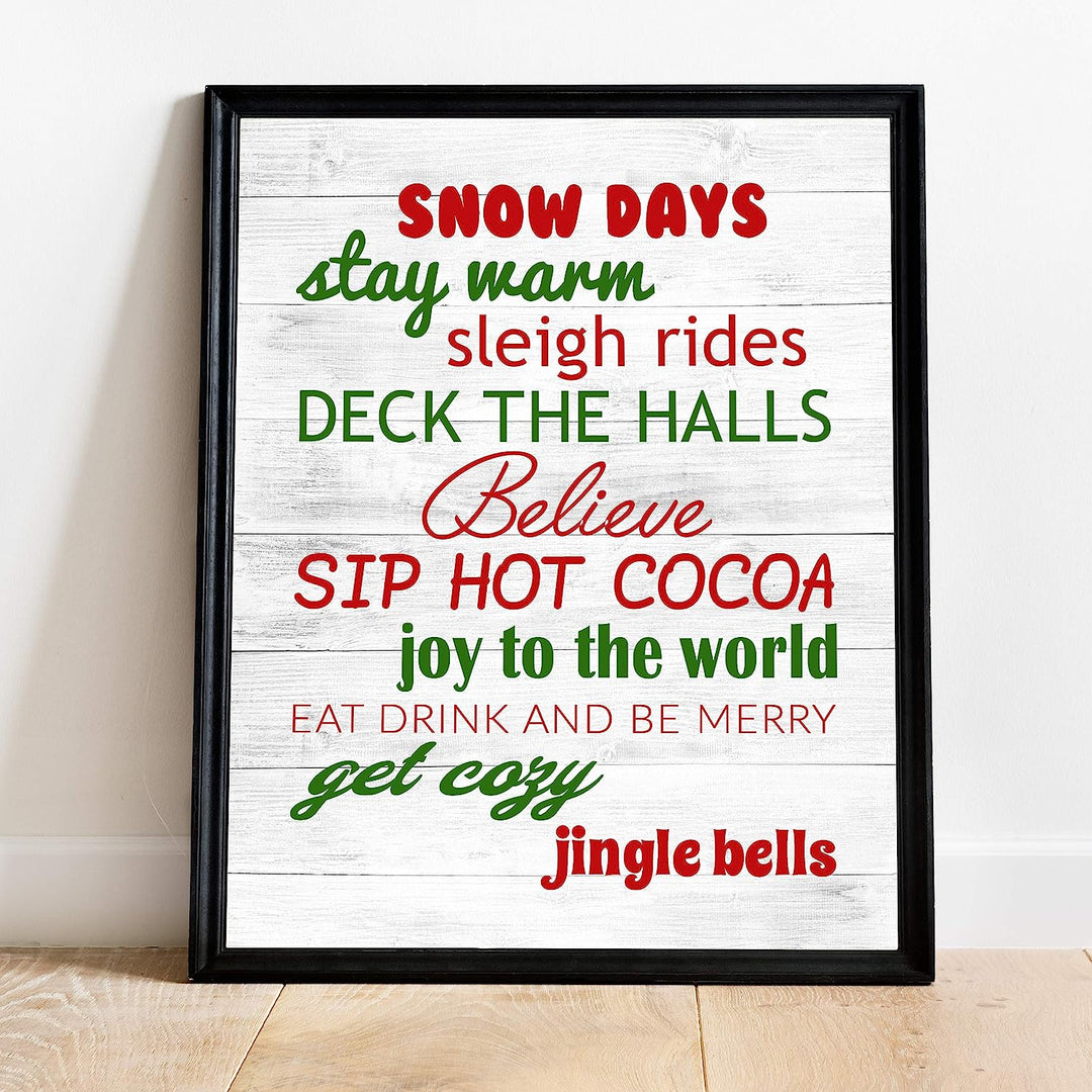 Snow Days-Sleigh Rides-Deck the Halls Rustic Holiday Sign-11 x 14" Festive Christmas Wall Art Print w/Replica Wood Design-Ready to Frame. Typographic Home-Farmhouse-Welcome Decor. Printed on Paper.