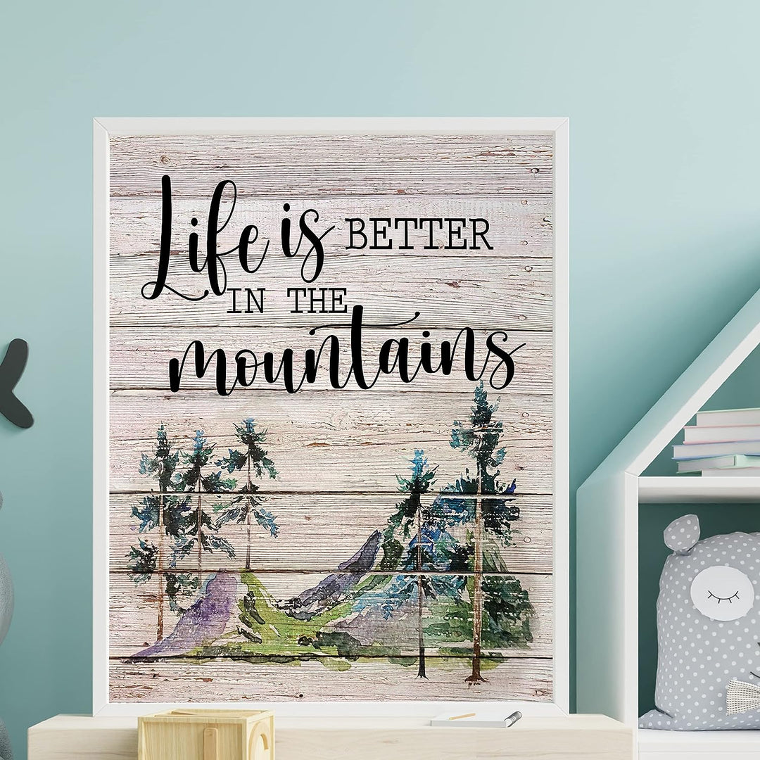Life Is Better in the Mountains-Rustic Outdoors Wall Decor -11x14" Replica Distressed Wood Design Print-Ready to Frame. Perfect Decor for Lake House-Cabin-Lodge. Great Gift! Printed on Photo Paper.