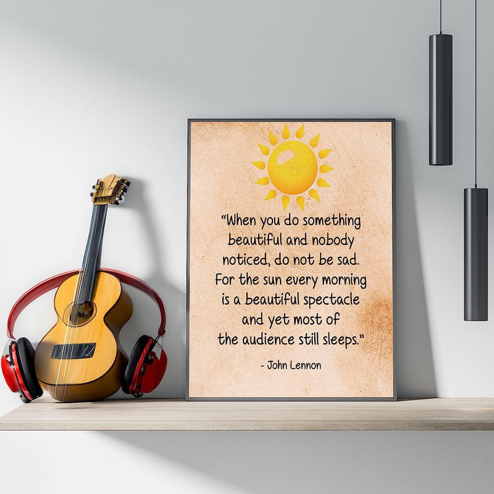 John Lennon Quotes Wall Art-"When You Do Something Beautiful"- 8 x 10" Distressed Print w/Sun Picture-Ready to Frame. Modern Home-Office-Studio-Cave Decor. Great Gift of Motivation for Beatles Fans!