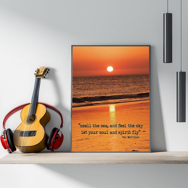 Smell the Sea and Feel the Sky-Van Morrison Song Lyrics -Beach Sunset Photo -8 x 10" Rock Music Wall Art Print -Ready to Frame. Home-Studio-Bar-Cave-Ocean Themed Decor. Great Gift for Fans!