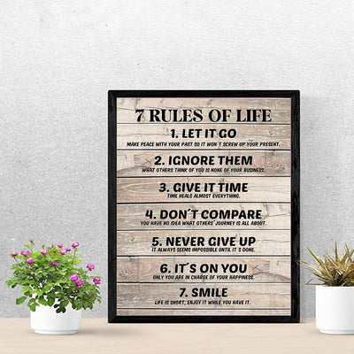 Seven Rules of Life Inspirational Quotes Wall Art-11 x 14" Motivational Poster Print w/Replica Wood Design-Ready to Frame. Home-Office-School Decor. Great for Inspiration! Printed on Photo Paper.