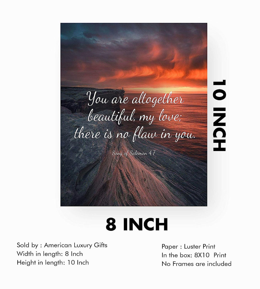 You Are Altogether Beautiful- Song of Solomon 4:7- Bible Verse Wall Print-8x10"- Sunset Scripture Wall Art-Ready to Frame. 