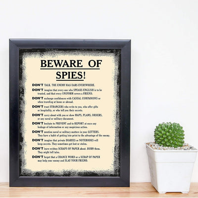 Beware of Spies-Funny Military Rules Sign - 8 x 10" Modern Typographic Wall Art Print-Ready to Frame. Humorous Patriotic Decor for Home-Office-Garage-Cave-Shop. Fun Gift for Soldiers & Veterans!