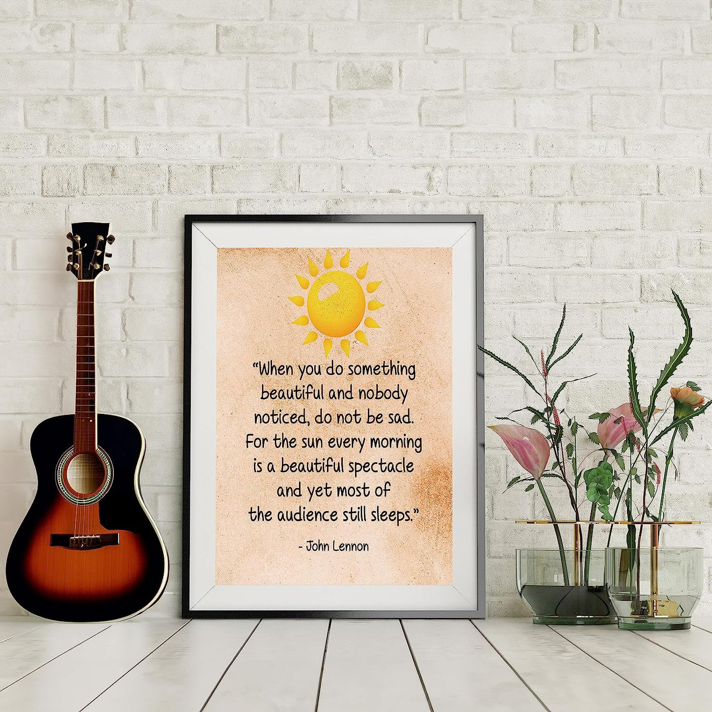 John Lennon Quotes Wall Art-"When You Do Something Beautiful"- 8 x 10" Distressed Print w/Sun Picture-Ready to Frame. Modern Home-Office-Studio-Cave Decor. Great Gift of Motivation for Beatles Fans!