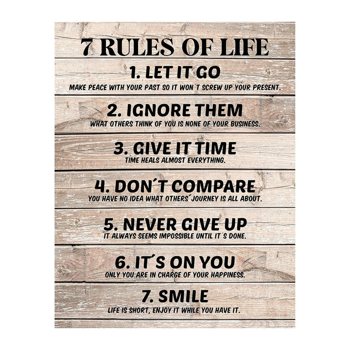 Seven Rules of Life Inspirational Quotes Wall Art-11 x 14" Motivational Poster Print w/Replica Wood Design-Ready to Frame. Home-Office-School Decor. Great for Inspiration! Printed on Photo Paper.