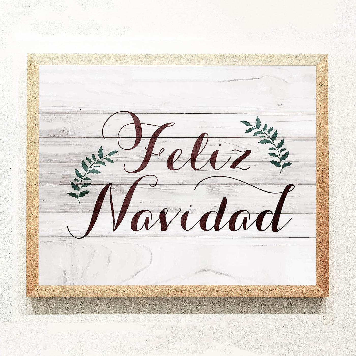 Feliz Navidad Rustic Holiday Sign -14 x 11" Festive Merry Christmas Wall Art Print w/Replica Wood Design-Ready to Frame. Typographic Home-Kitchen-Farmhouse-Welcome Decor. Printed on Paper.