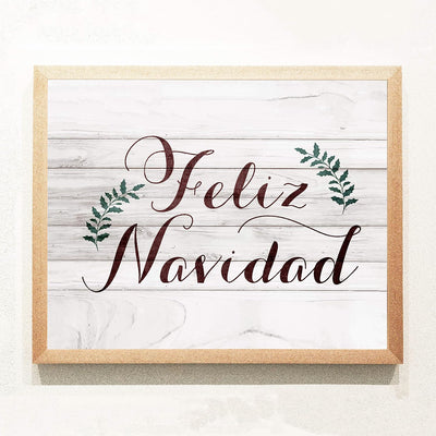 Feliz Navidad Rustic Holiday Sign -14 x 11" Festive Merry Christmas Wall Art Print w/Replica Wood Design-Ready to Frame. Typographic Home-Kitchen-Farmhouse-Welcome Decor. Printed on Paper.