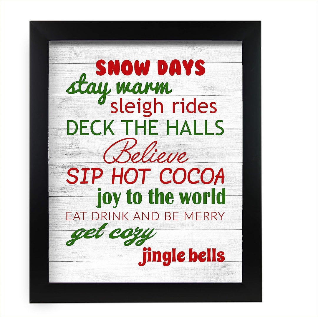 Snow Days-Sleigh Rides-Deck the Halls Rustic Holiday Sign-11 x 14" Festive Christmas Wall Art Print w/Replica Wood Design-Ready to Frame. Typographic Home-Farmhouse-Welcome Decor. Printed on Paper.