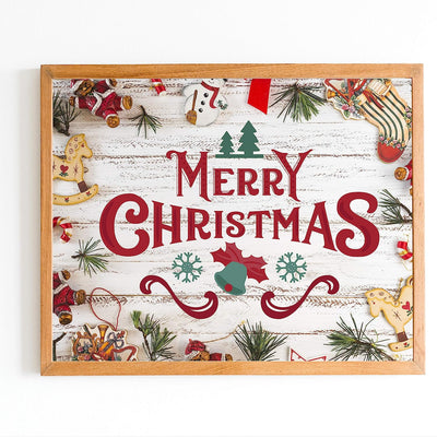 Merry Christmas Rustic Holiday Sign -14 x 11" Festive Christmas Wall Art Print w/Replica Wood Design-Ready to Frame. Typographic Home-Kitchen-Farmhouse-Welcome Decor. Great Gift! Printed on Paper.