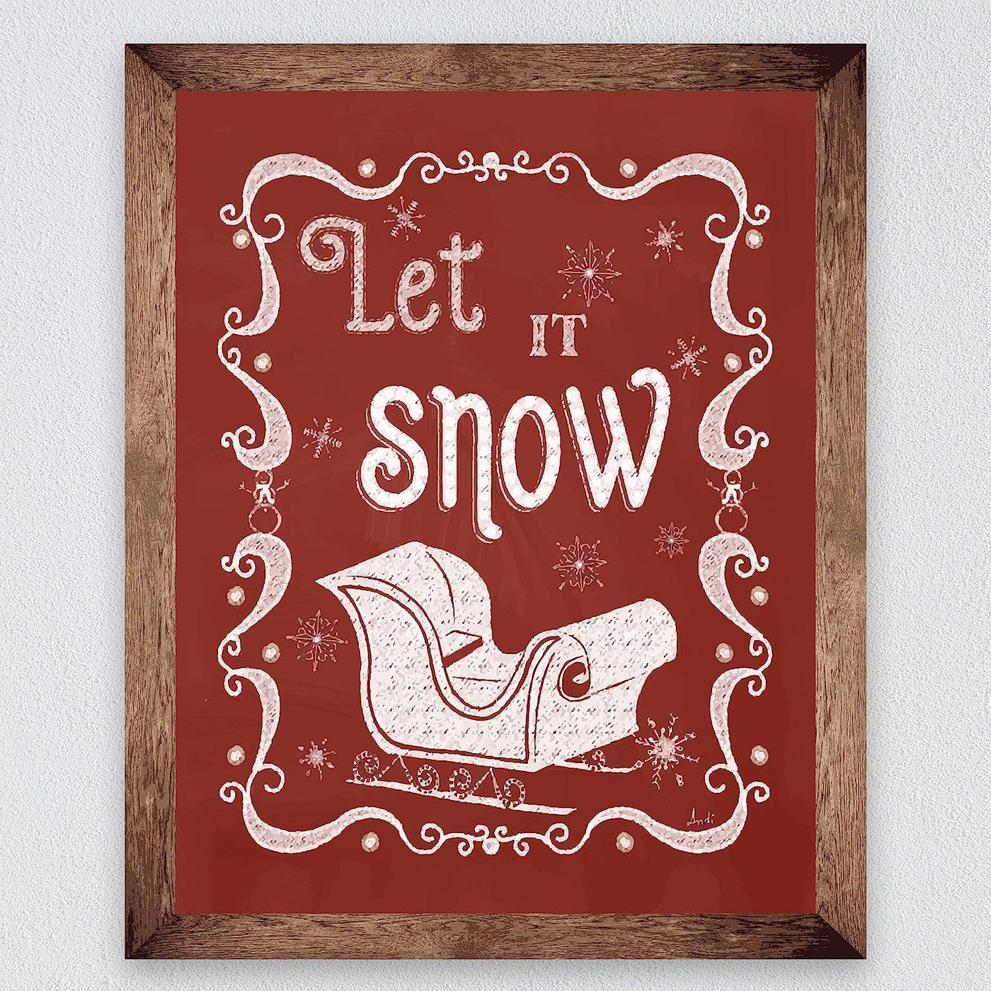 Let It Snow Christmas Songs Wall Art-8 x 10" Fun Winter Holiday Print w/Santa's Sleigh Image -Ready to Frame. Festive Decoration for Home-Welcome-Kitchen-Farmhouse-Christian Decor. Great Gift!