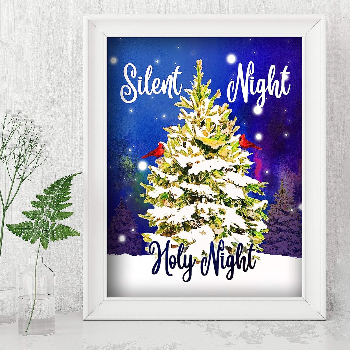 Silent Night-Holy Night Christmas Song Wall Art-8x10" Modern Holiday Music Print w/Cardinals in Tree-Ready to Frame. Home-Kitchen-Farmhouse-Winter Decor. Perfect Welcome Sign! Great Christian Gift!