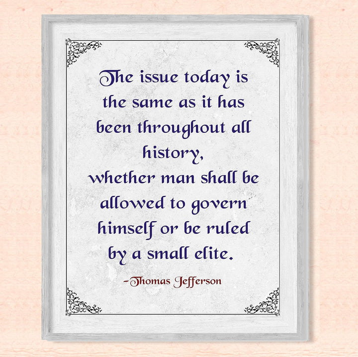 Thomas Jefferson-"Man Shall Govern Himself Or Be Ruled By Small Elite"-Presidential Quotes Wall Art-8x10" Typographic History Print-Ready to Frame. Patriotic Home-Office-Bar-Cave-Library Decor!