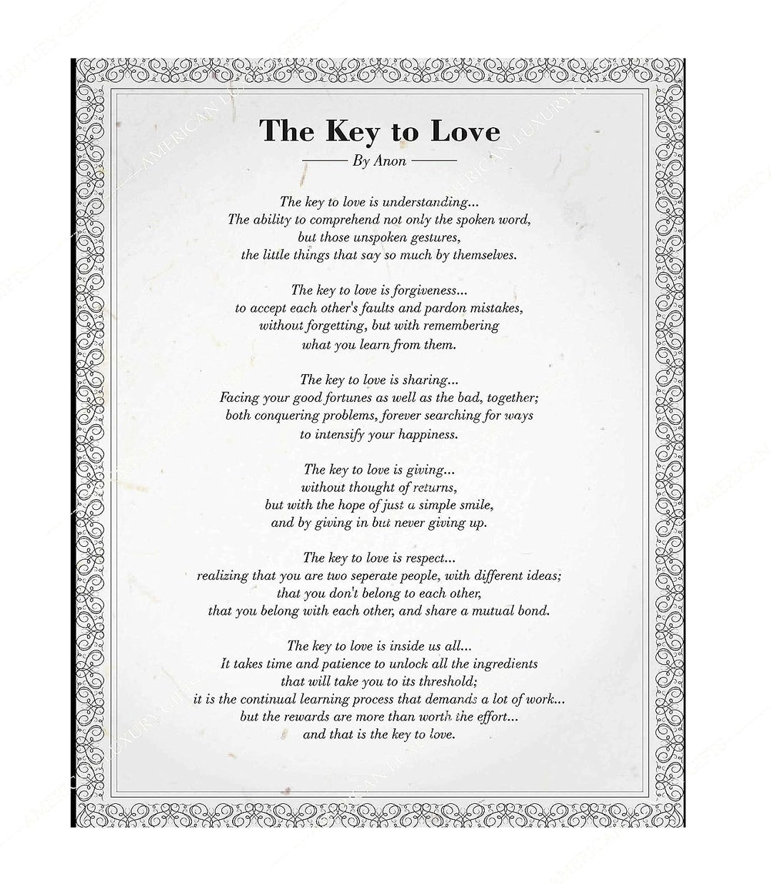 The Key to Love-Romantic Poem Wall Art-11 x 14" Poetic Poster Print w/Distressed Parchment Design-Ready to Frame. Perfect for Spouses, Newlyweds, &amp; BFF&