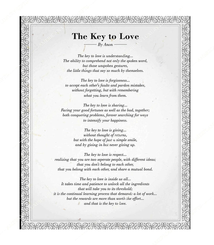 The Key to Love-Romantic Poem Wall Art-11 x 14" Poetic Poster Print w/Distressed Parchment Design-Ready to Frame. Perfect for Spouses, Newlyweds, &amp; BFF&