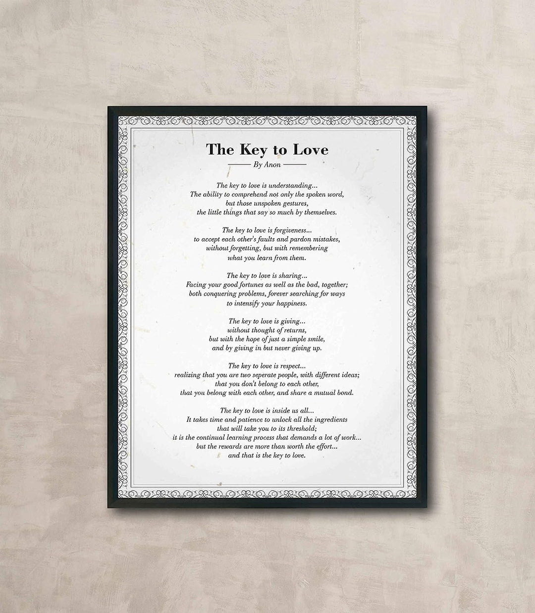The Key to Love-Romantic Poem Wall Art-11 x 14" Poetic Poster Print w/Distressed Parchment Design-Ready to Frame. Perfect for Spouses, Newlyweds, &amp; BFF&