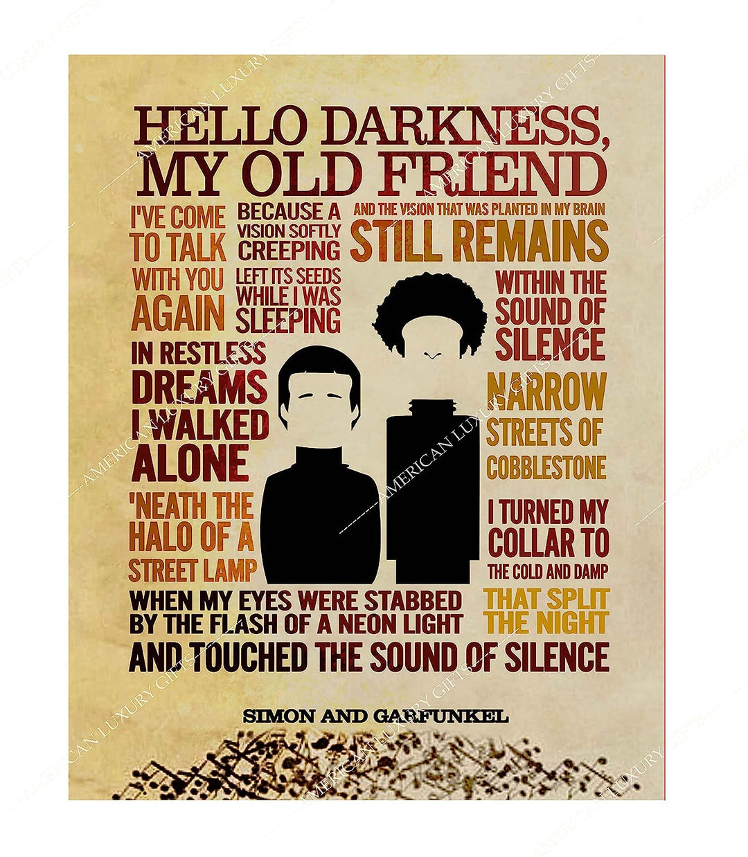 Simon &amp; Garfunkel-"The Sound of Silence"-Song Lyric Wall Art Sign -11 x 14" Distressed Typographic Music Print-Ready to Frame. Home-Studio-Bar-Man Cave Decor. Perfect for All Folk Rock Music Fans!