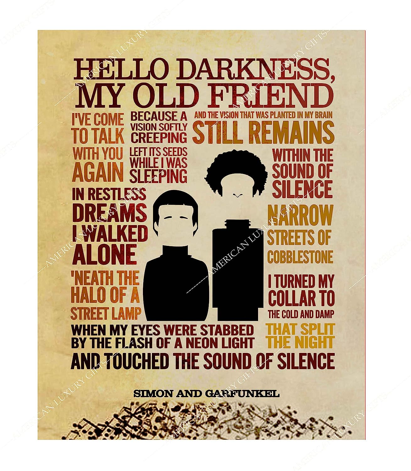 Simon & Garfunkel-"The Sound of Silence"-Song Lyric Wall Art Sign -11 x 14" Distressed Typographic Music Print-Ready to Frame. Home-Studio-Bar-Man Cave Decor. Perfect for All Folk Rock Music Fans!