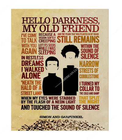 Simon & Garfunkel-"The Sound of Silence"-Song Lyric Wall Art Sign -11 x 14" Distressed Typographic Music Print-Ready to Frame. Home-Studio-Bar-Man Cave Decor. Perfect for All Folk Rock Music Fans!