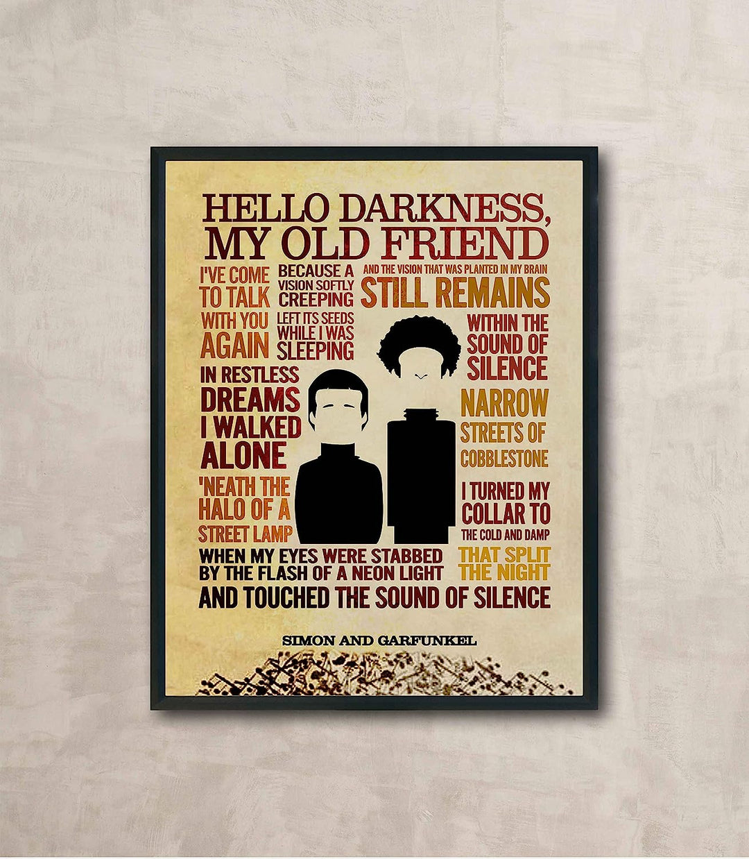 Simon &amp; Garfunkel-"The Sound of Silence"-Song Lyric Wall Art Sign -11 x 14" Distressed Typographic Music Print-Ready to Frame. Home-Studio-Bar-Man Cave Decor. Perfect for All Folk Rock Music Fans!