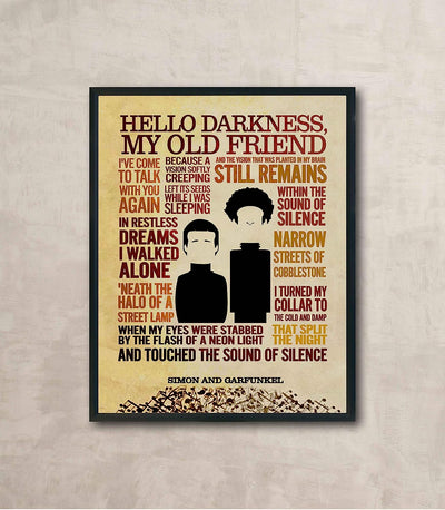 Simon & Garfunkel-"The Sound of Silence"-Song Lyric Wall Art Sign -11 x 14" Distressed Typographic Music Print-Ready to Frame. Home-Studio-Bar-Man Cave Decor. Perfect for All Folk Rock Music Fans!