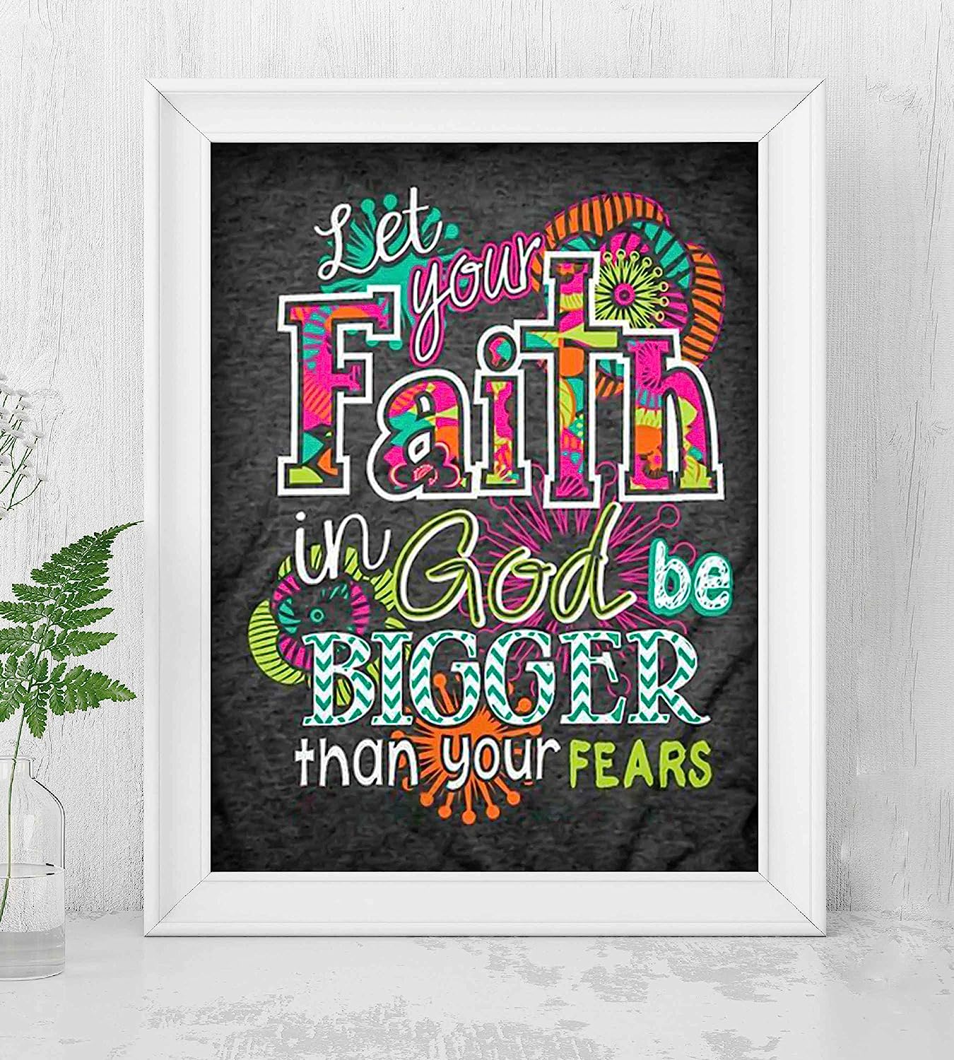?Faith In God-Bigger Than Fears?-Inspirational Wall Art Sign-8 x 10" Shabby Chic Abstract Poster Print-Ready to Frame. Home-Bedroom-Office-Dorm-Church D?cor. Perfect Christian Gift for Teens!