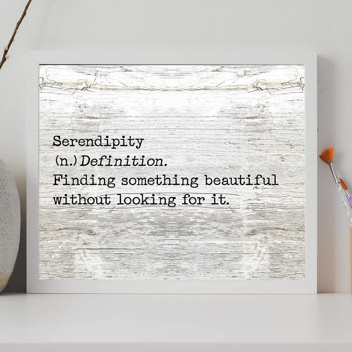Serendipity-Finding Something Beautiful Inspirational Welcome Sign -14 x 11" Country Rustic Wall Art Print w/Replica Wood Design-Ready to Frame. Ideal Home-Dining-Farmhouse Decor. Printed on Paper.