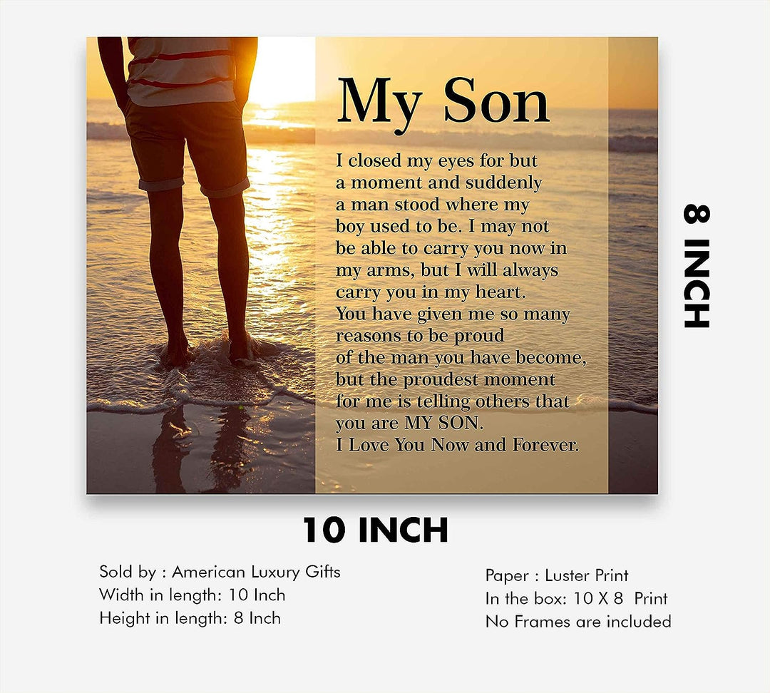 My Son-Love You Now &amp; Forever Inspirational Family Wall Art -10 x 8" Modern Typographic Beach Sunset Print-Ready to Frame. Loving, Heartfelt Message for All Sons. Great Wedding-Graduation Gift!