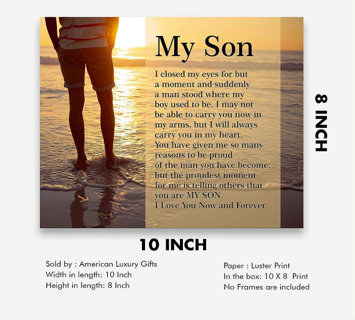 My Son-Love You Now &amp; Forever Inspirational Family Wall Art -10 x 8" Modern Typographic Beach Sunset Print-Ready to Frame. Loving, Heartfelt Message for All Sons. Great Wedding-Graduation Gift!