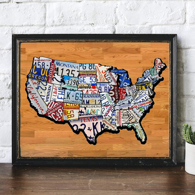 United States License Plates -American State Wall Art -14 x11" Rustic USA Travel Print w/Wood Design-Ready to Frame. Vintage Home-Office-Garage-Cave-Shop Decor. Great Gift! Printed on Photo Paper.