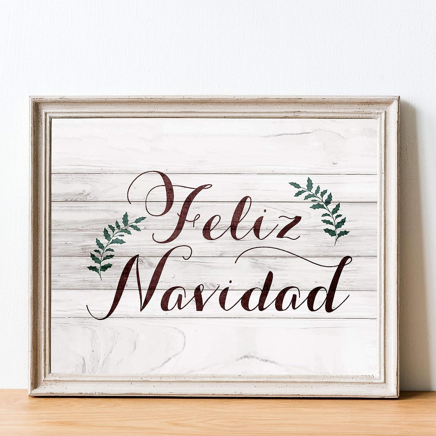 Feliz Navidad Rustic Holiday Sign -14 x 11" Festive Merry Christmas Wall Art Print w/Replica Wood Design-Ready to Frame. Typographic Home-Kitchen-Farmhouse-Welcome Decor. Printed on Paper.