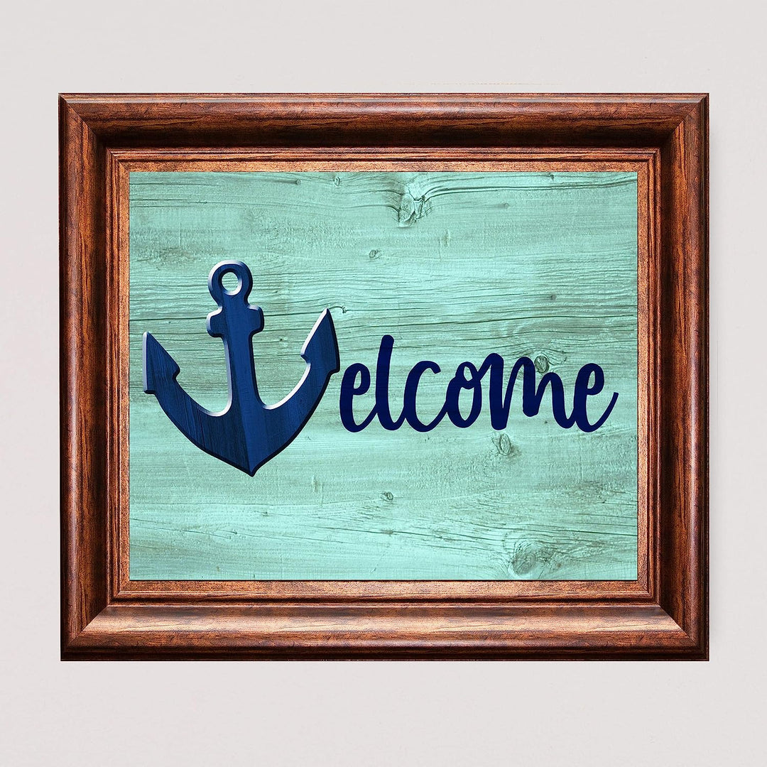 Welcome Rustic Beach Wall Sign -10 x 8" Ocean Themed Anchor Print w/Replica Wood Design-Ready to Frame. Fun Vacation Decor for Home-Cabin-Beach House. Great Nautical Gift! Printed on Photo Paper.