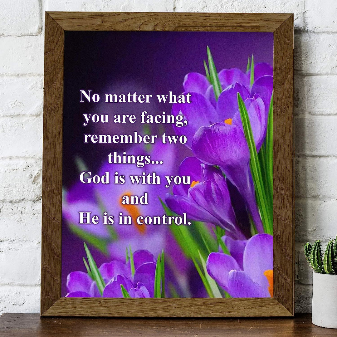 God Is With You-He Is in Control Inspirational Quotes Wall Art-8x10" Floral Christian Poster Print-Ready to Frame. Modern Typographic Design. Positive Home-Office-Church Decor. Great Gift of Faith!