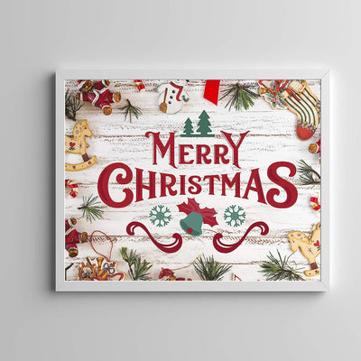 Merry Christmas Rustic Holiday Sign -14 x 11" Festive Christmas Wall Art Print w/Replica Wood Design-Ready to Frame. Typographic Home-Kitchen-Farmhouse-Welcome Decor. Great Gift! Printed on Paper.